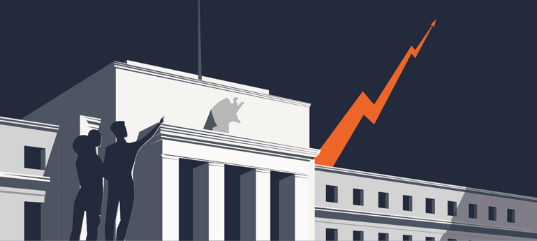 illustration of a commercial building with an arrow in the background indicating rising interest rates